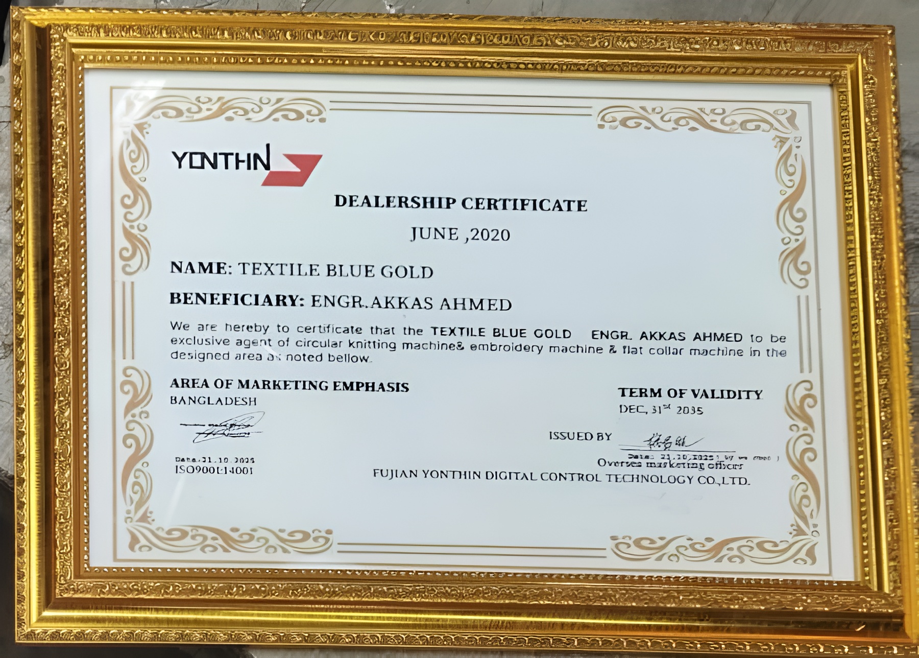 Yonthin Dealership Certificate